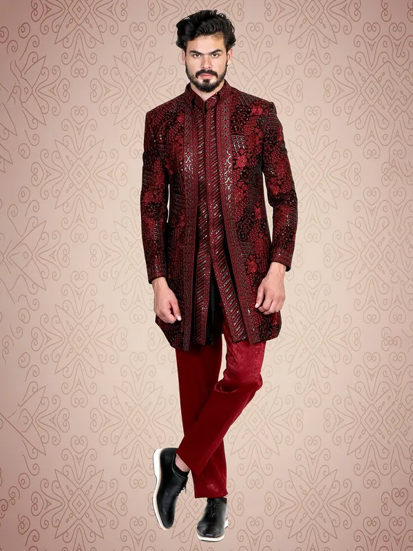 Maroon velvet embroidery indowestern