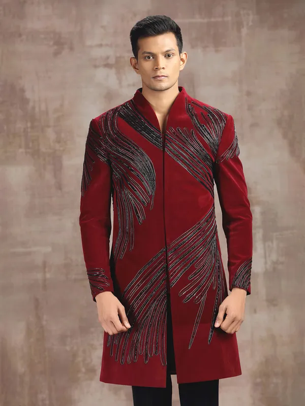 Maroon velvet indo western with zardosi detailing