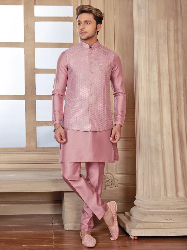 Mauve pink silk wedding wear waistcoat set