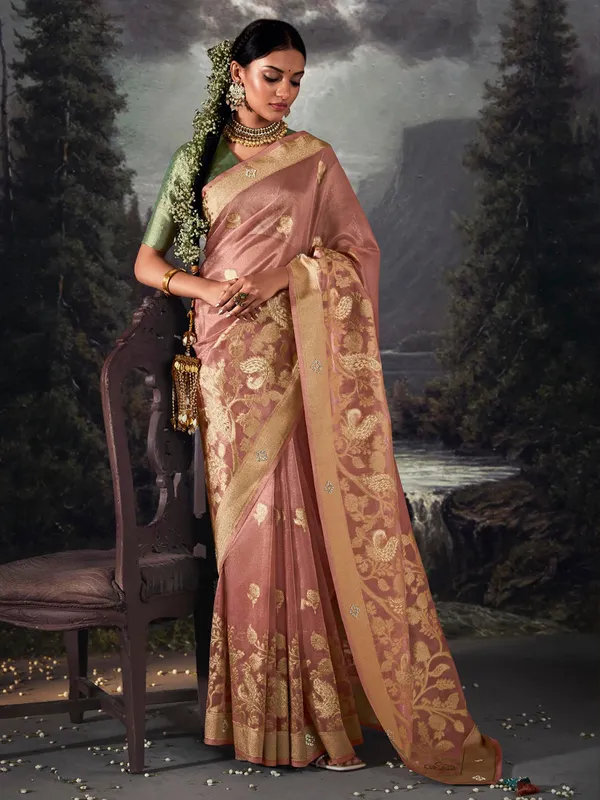 Mauve pink zari weaving organza saree