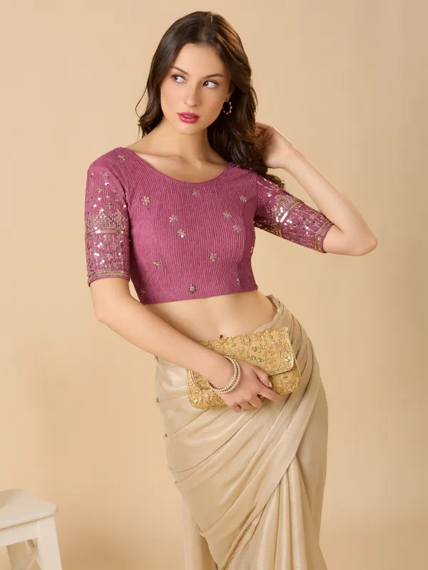 Mauve purple lycra ready made blouse in sequin work