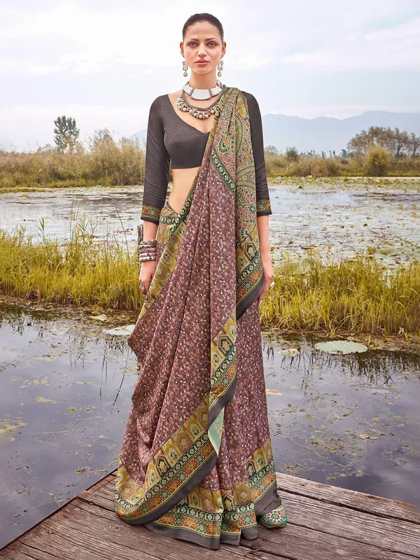 Mauve purple printed bhagalpuri silk saree