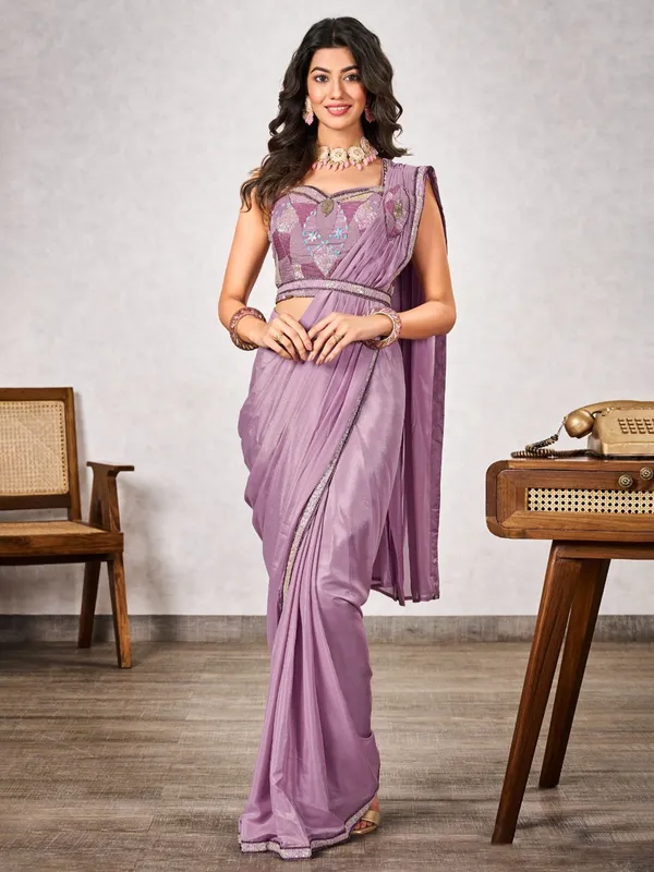 Mauve purple wedding style shimmer georgette saree