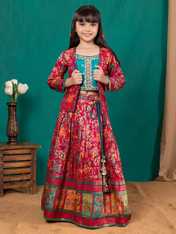 Megenta pink and blue silk lehenga choli for girls