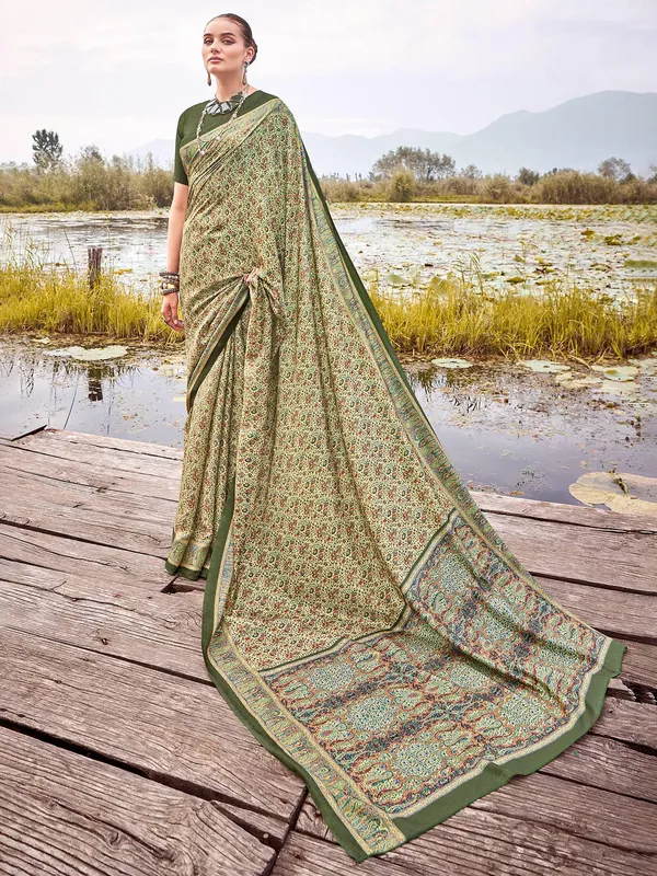 Mehandi green printed bhagalpuri silk saree for festive