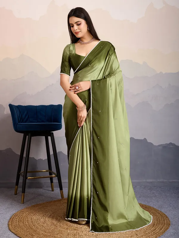 Mehandi green satin silk saree with unstitched blouse