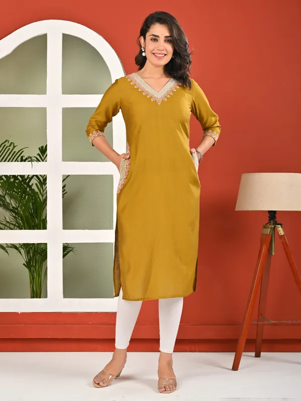 Mehandi yellow embroidered cotton silk kurti