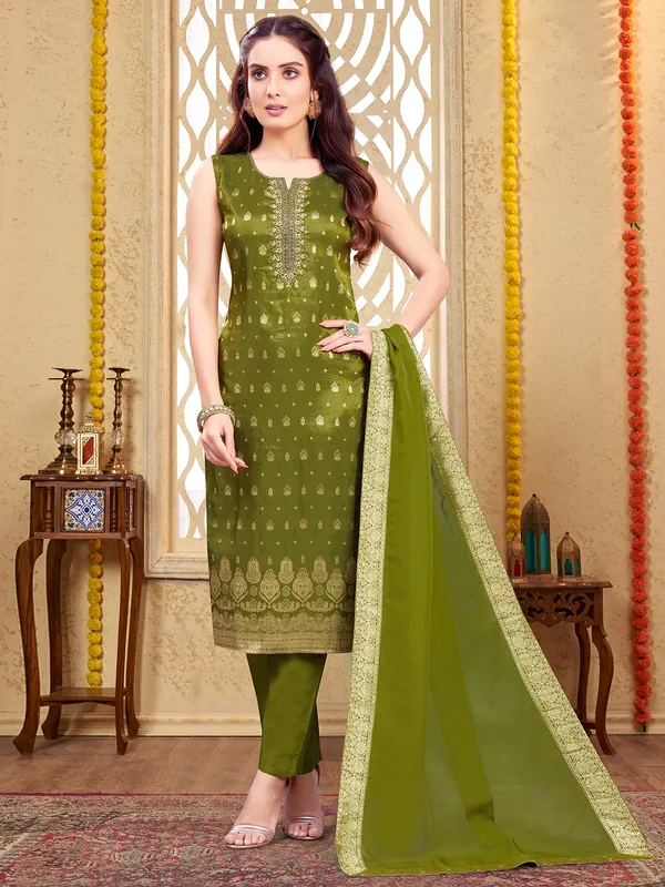 Mehendi color silk salwar suit with dupatta