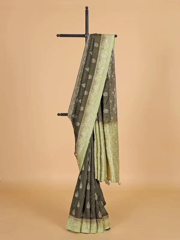 Mehendi green banarasi silk saree with zari work