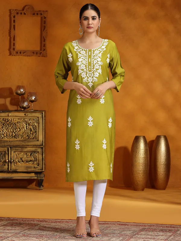 Mehendi green embroidery kurti in cotton silk