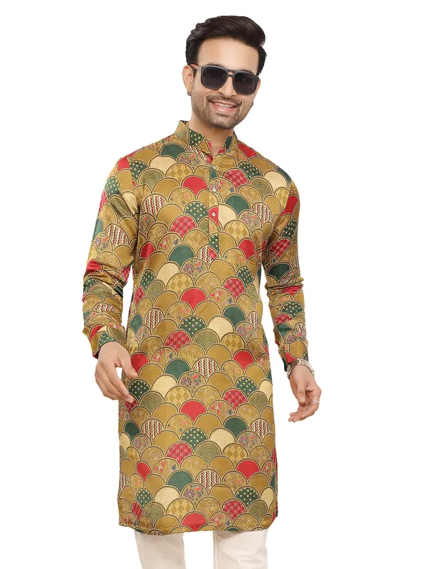 Mehendi green printed mens kurta