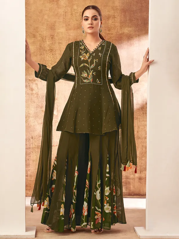 Mehendi green printed palazzo suit in soft georgette