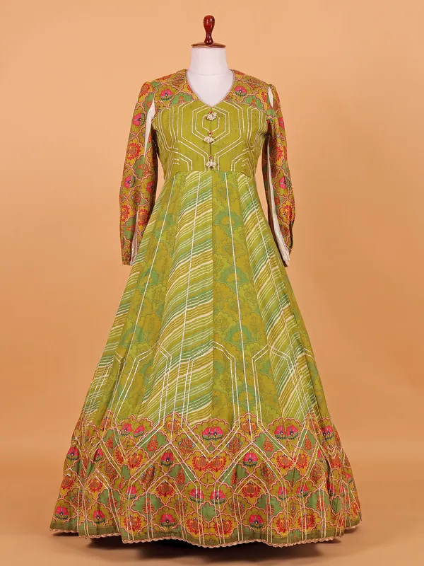 Mehendi green printed silk floor length suit