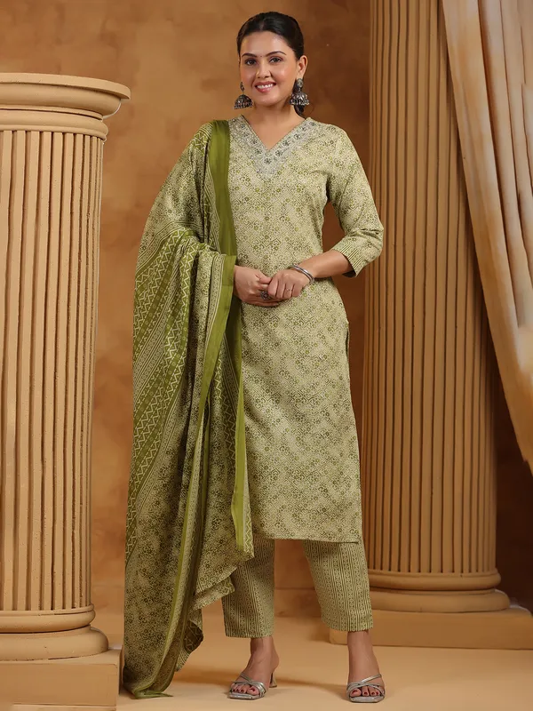 Mehendi green printed silk kurti set