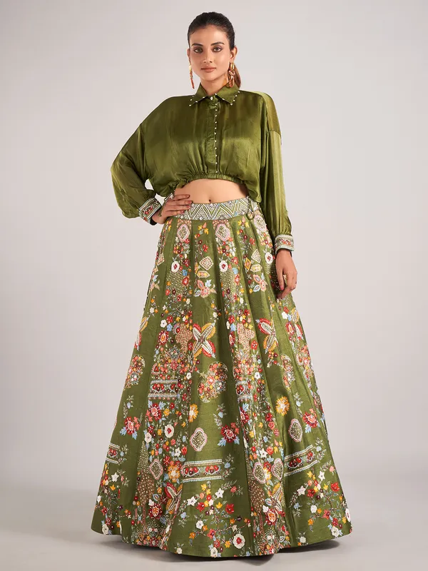 Mehendi green printed silk lehenga choli