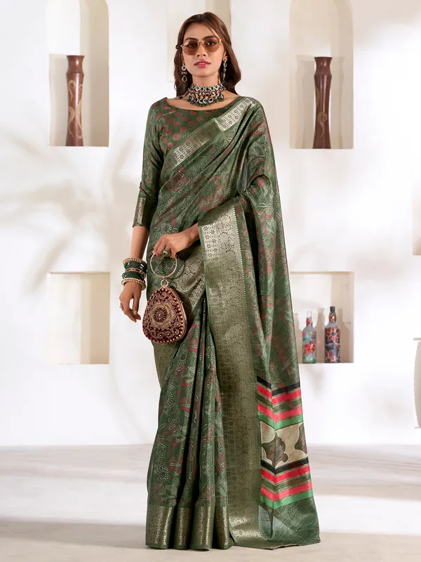 Mehendi green printed silk saree