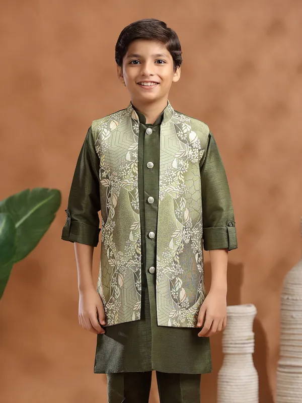 Mehendi green raw silk printed waistcoat set for boys