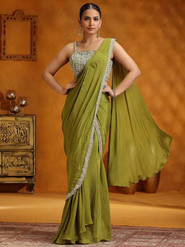 Mehendi green saree in chinon silk