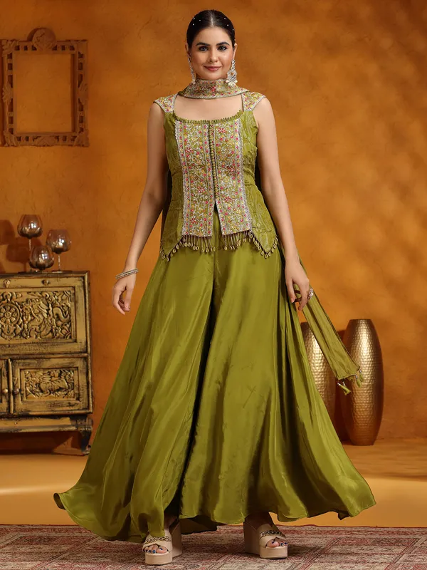 Mehendi green satin silk palazzo suit for women