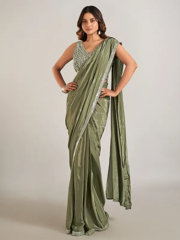Mehendi green satin silk party wear saree