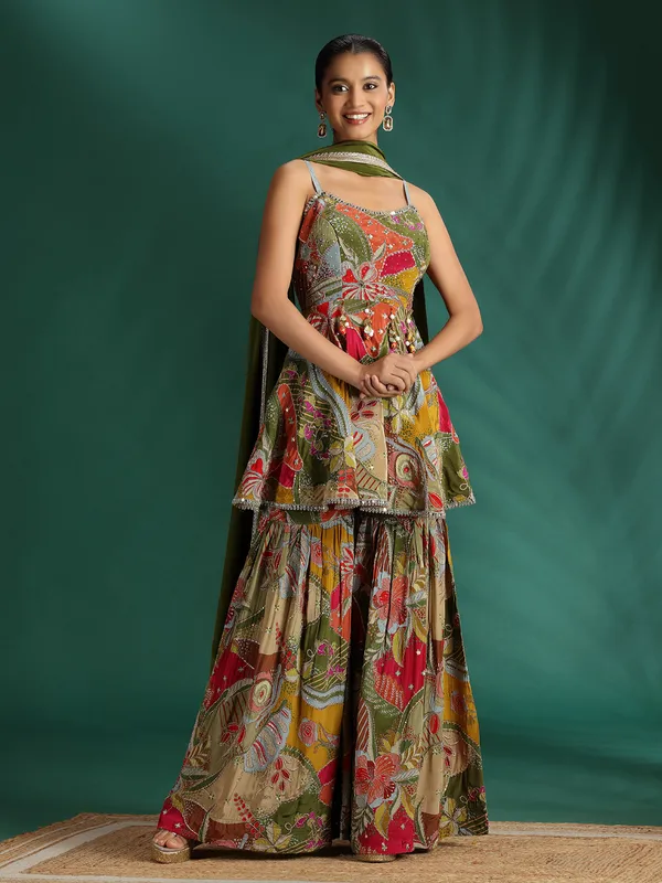 Mehendi green sharara suit with mirror detailing