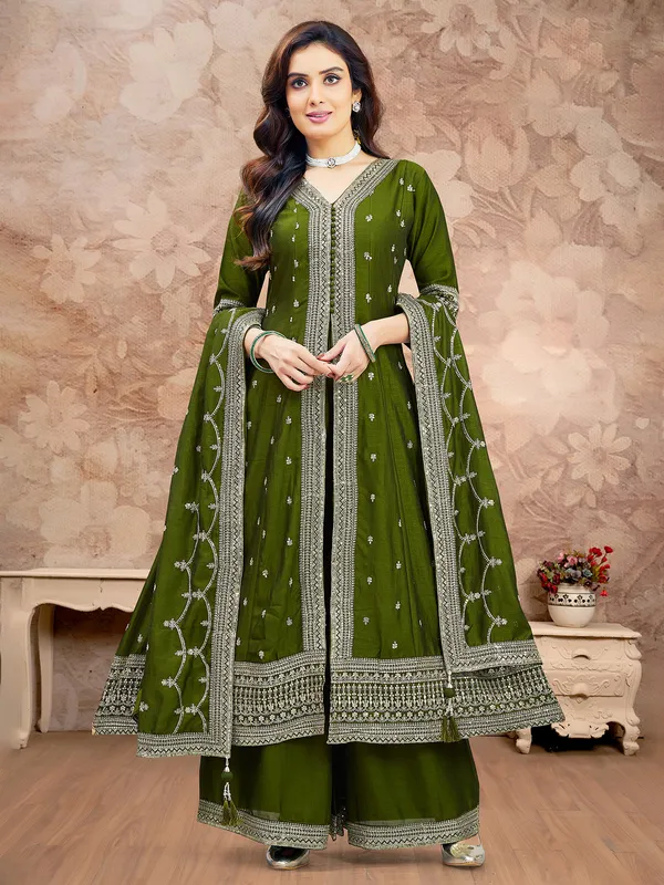 Mehendi green silk pakistani style salwar suit
