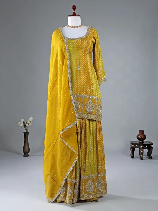 Mehendi green silk printed sharara suit