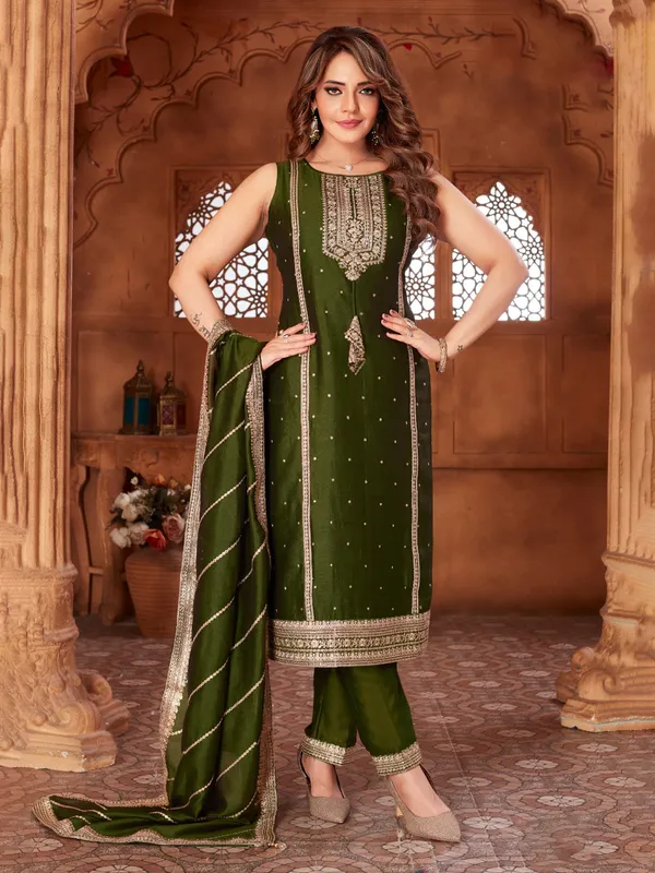 Mehendi green silk salwar suit with resham embroidery