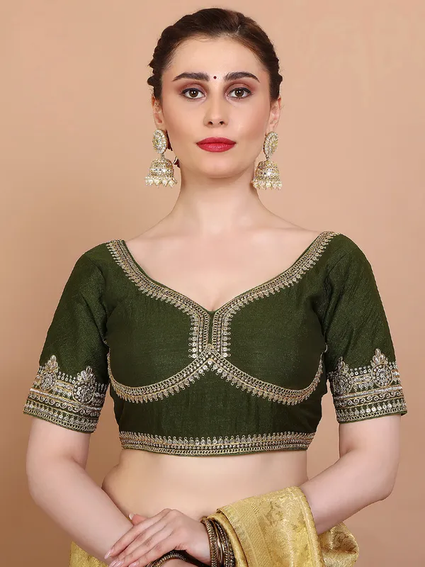 Mehendi green silk sweetheart neck ready made blouse