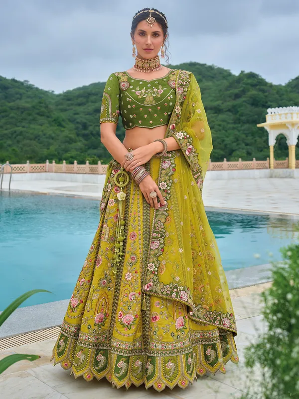 Mehendi green silk wedding style lehenga choli