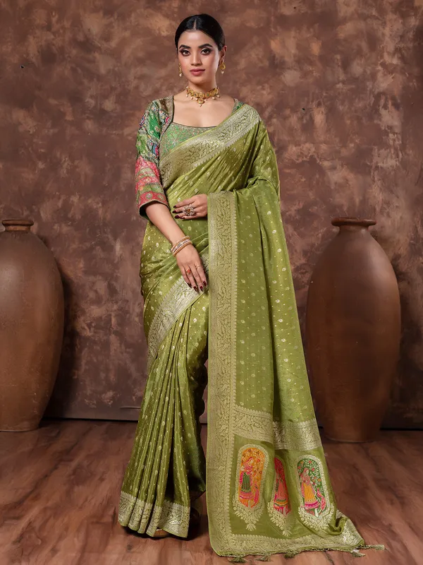 Mehendi green wedding wear tissue silk saree