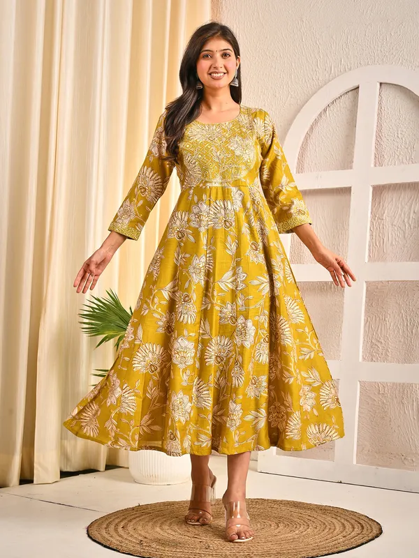 Mehendi olive cotton silk floral printed yoke kurti