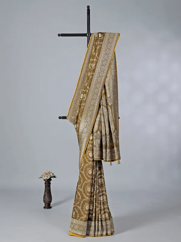 Mehendi olive dola silk saree with zardosi weaving