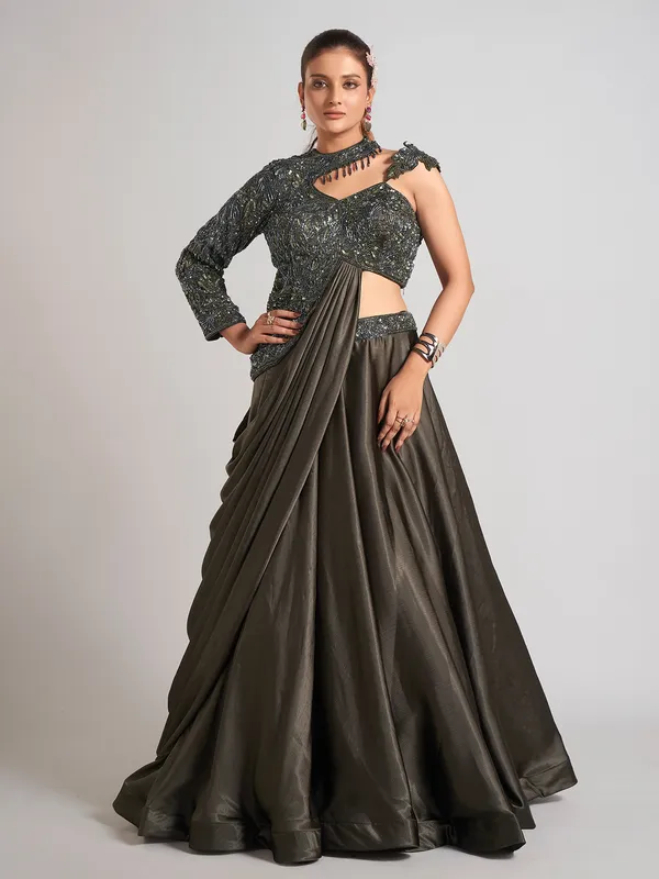Mehendi olive silk designer lehenga choli