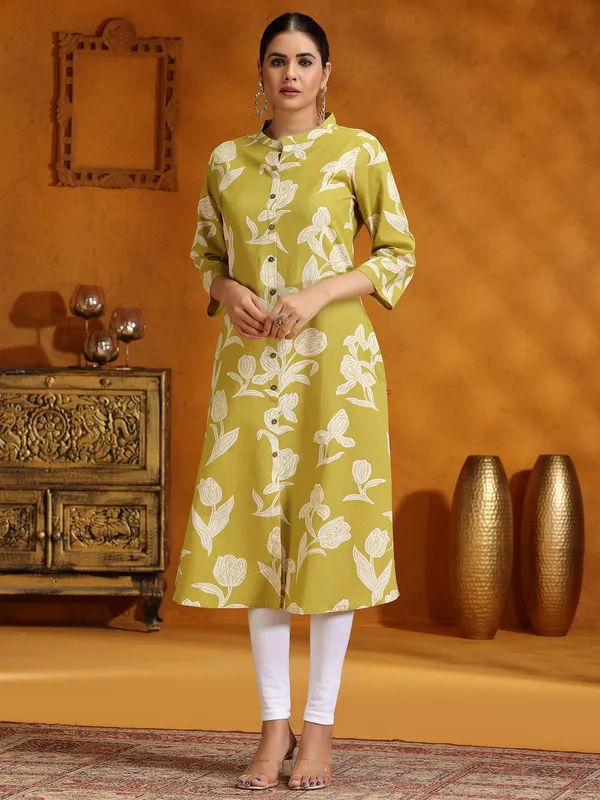 Mehendi yellow cotton printed kurti for women