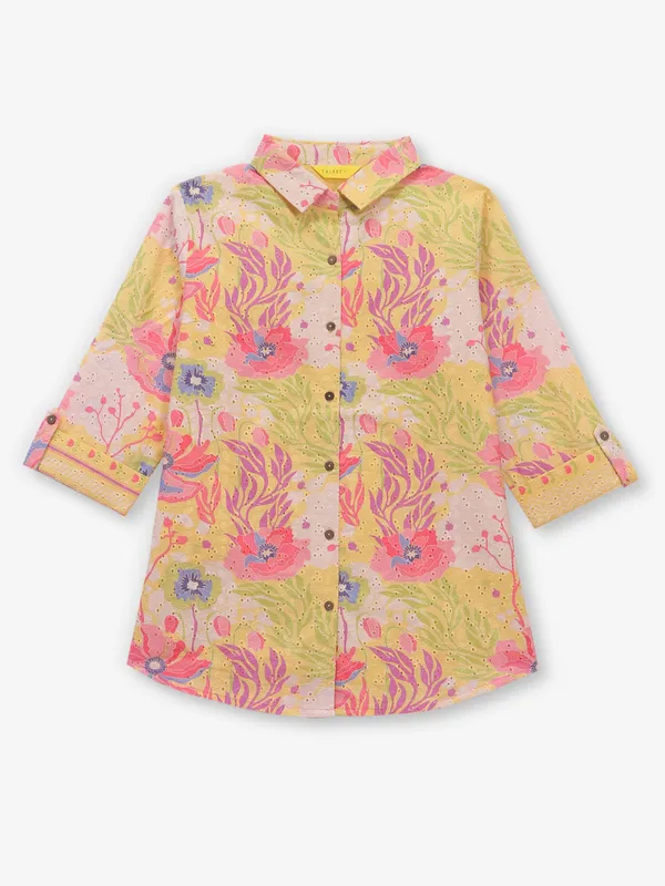 Mehendi yellow cotton printed tunic top