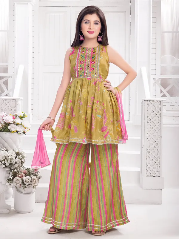 Mehendi yellow cotton silk printed palazzo suit