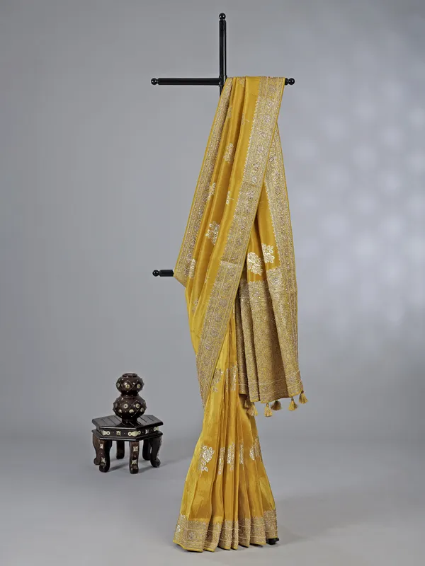 Mehendi yellow dola silk unstitched saree with zardosi work