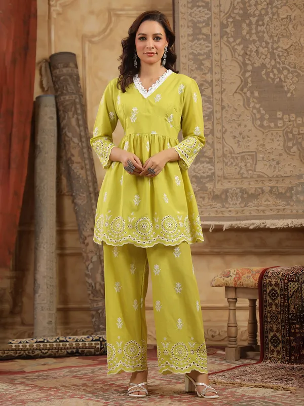 Mehendi yellow embroidered cotton silk kurti set