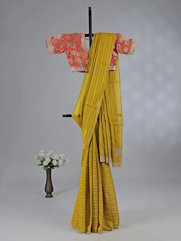Mehendi yellow georgette saree with gota detailing