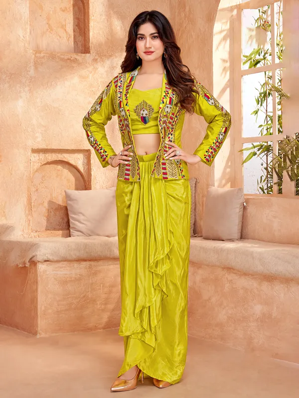 Mehendi yellow jacket style indowestern suit