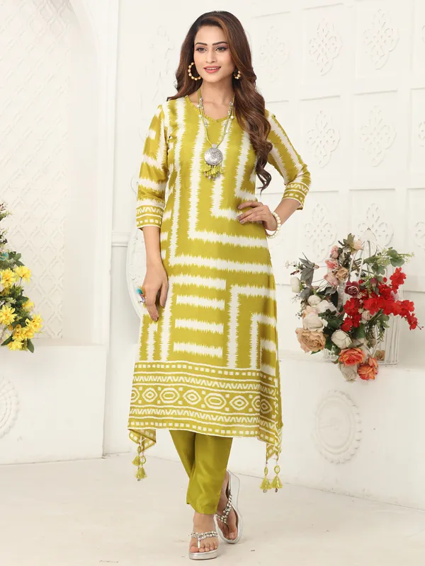 Mehendi yellow kurti set in russian silk