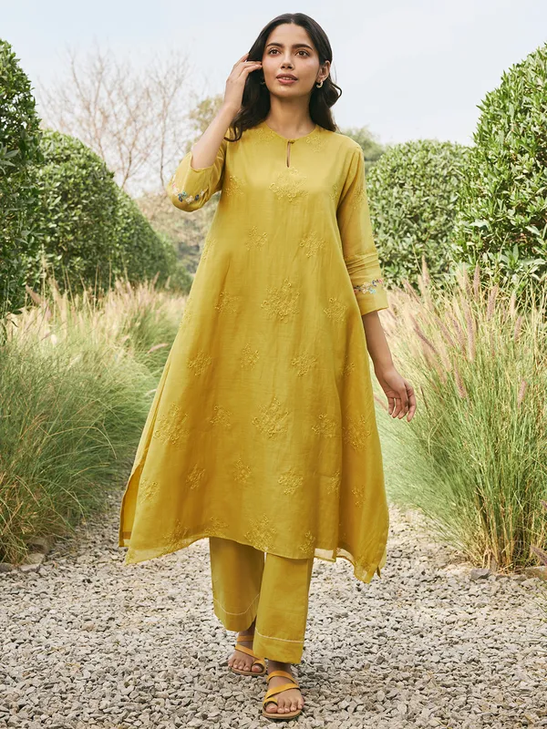 Mehendi yellow muslin cotton salwar suit
