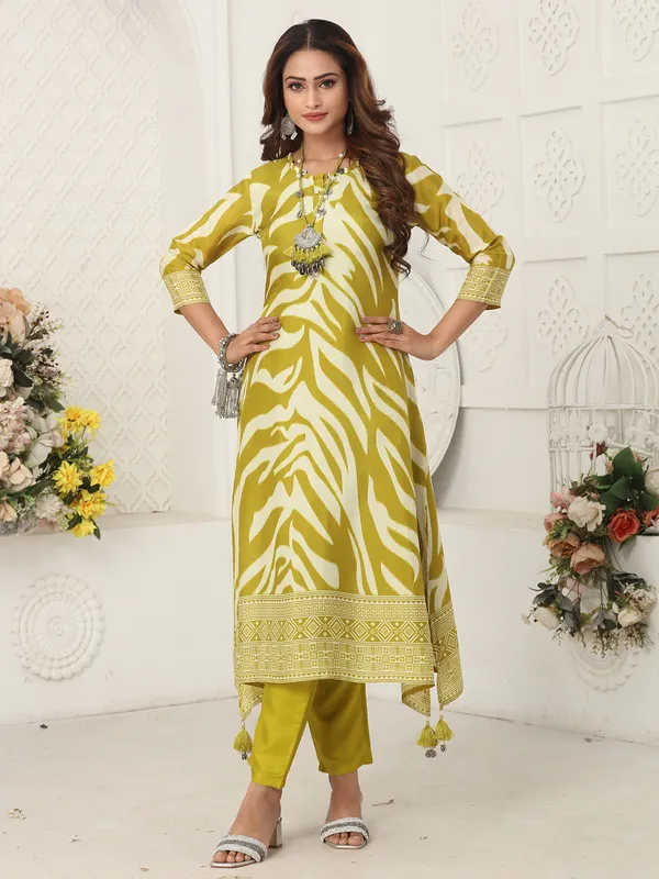 Mehendi yellow printed kurti set for women