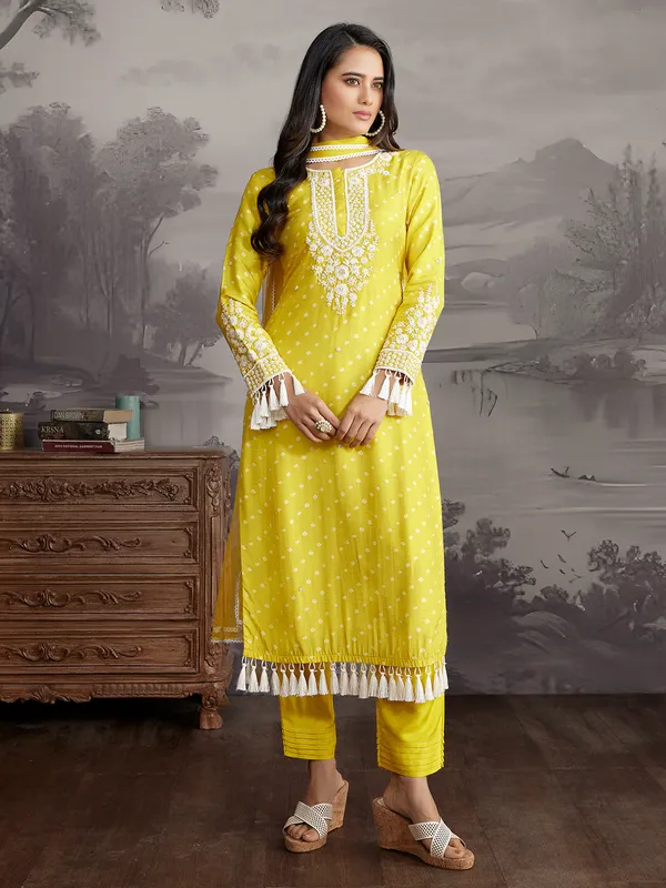 Mehendi yellow printed silk salwar suit with dupatta