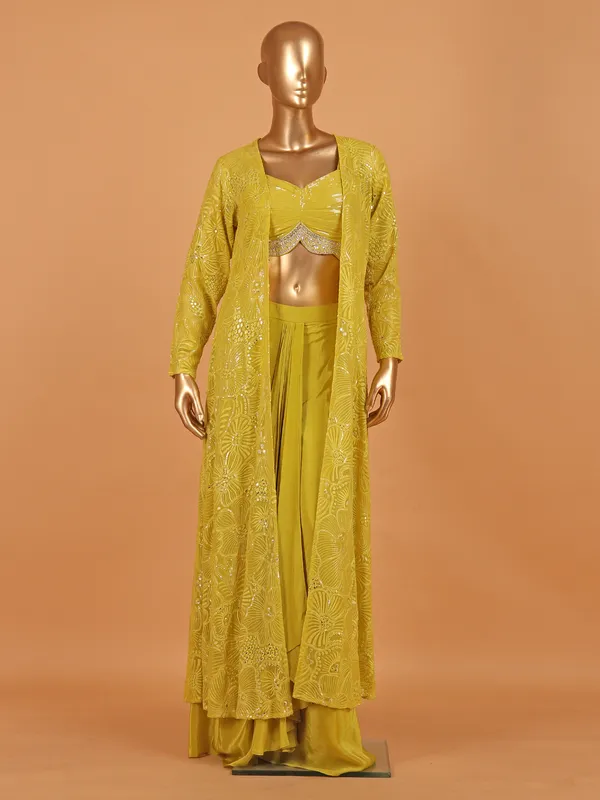 Mehendi yellow satin silk palazzo suit with shrug