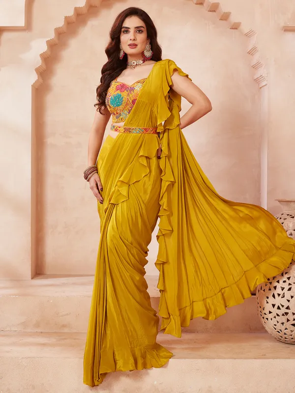 Mehendi yellow satin silk ready to wear saree