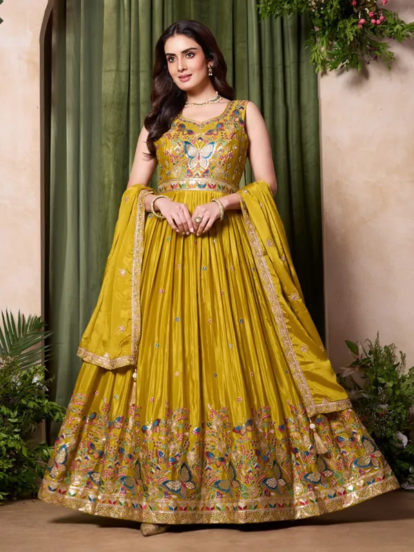 Mehendi yellow silk anarkali suit for festival