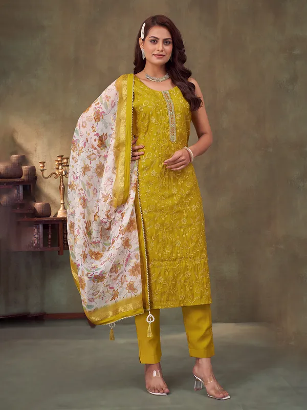Mehendi yellow silk embroidered salwar suit
