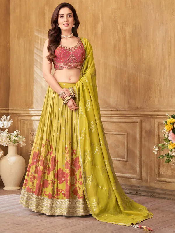 Mehendi yellow silk lehenga choli with print